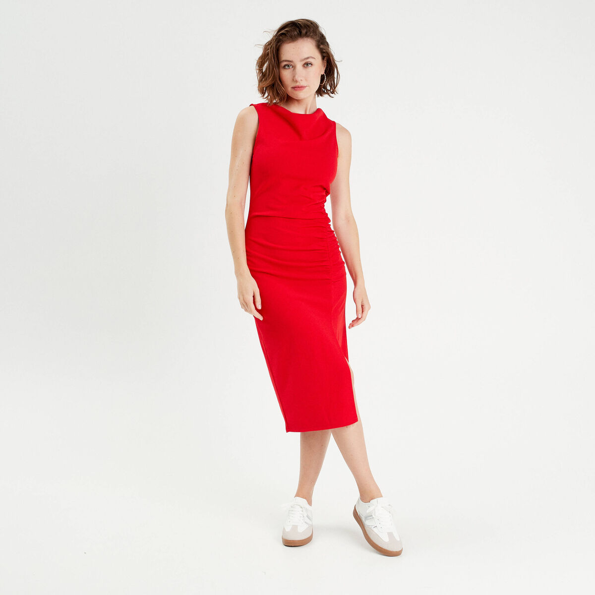Robe longue ajustée drappée rouge femme