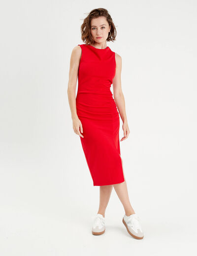 Robe longue ajustée drappée rouge femme