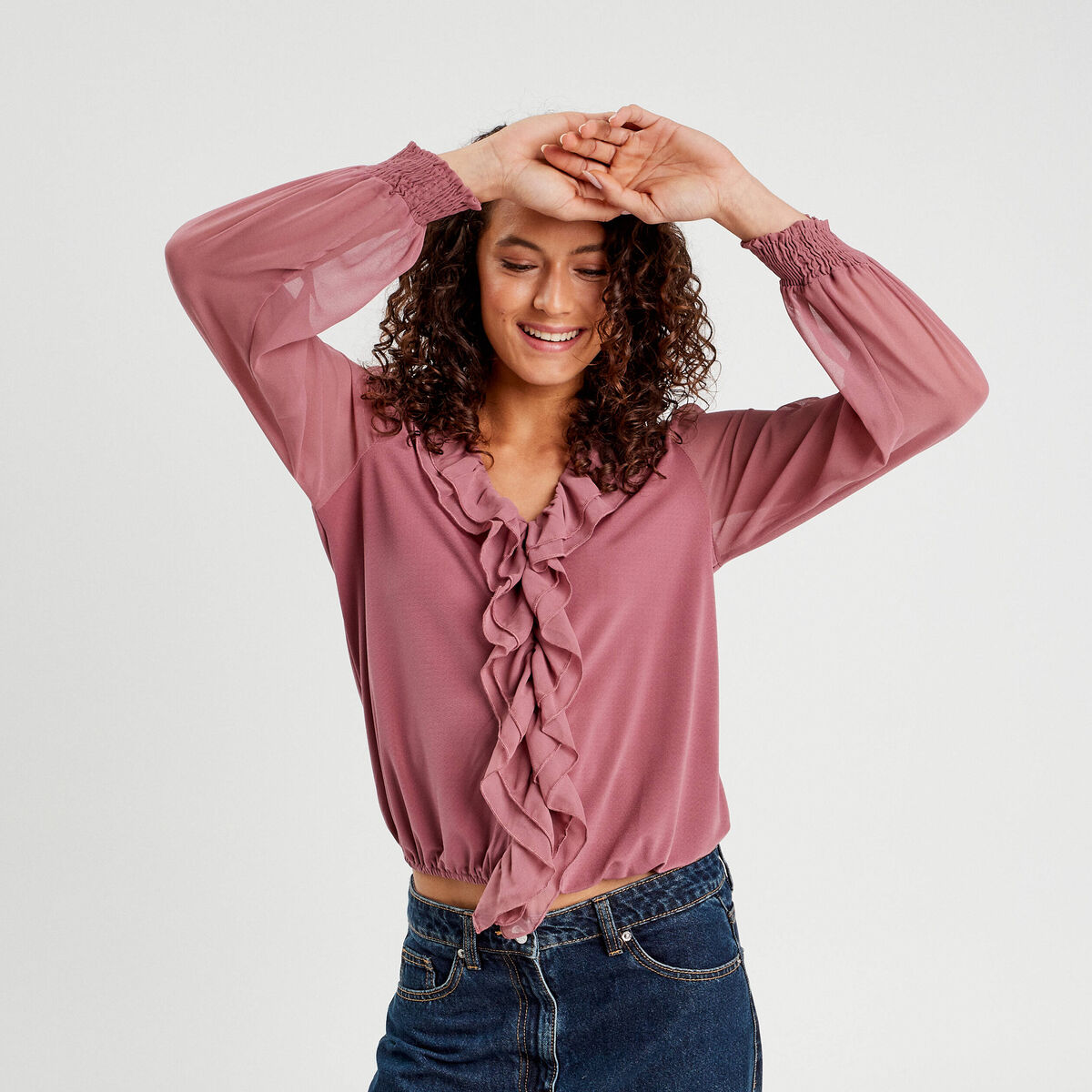 Blouse volants vieux rose femme