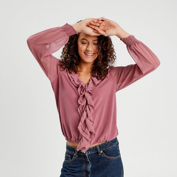 Blouse volants vieux rose femme