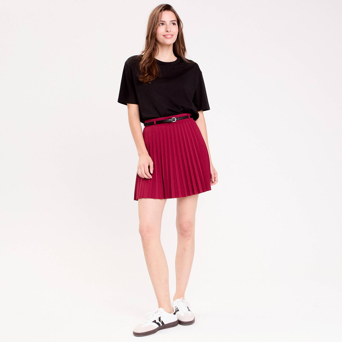 Jupe &eacute;vas&eacute;e pliss&eacute;e ceintur&eacute;e rouge fonc&eacute; femme
