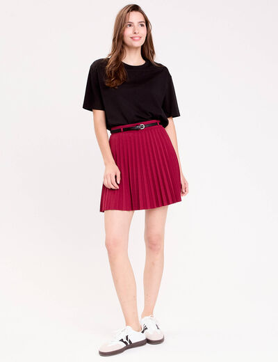 Jupe &eacute;vas&eacute;e pliss&eacute;e ceintur&eacute;e rouge fonc&eacute; femme