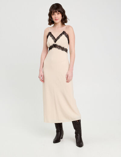 Robe longue ajustée dentelle sable femme