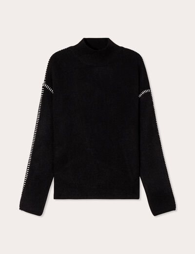 Pull brodé col montant noir femme