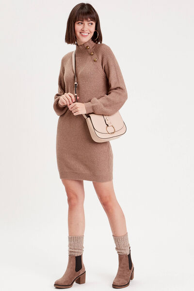 Robe pull droite col montant marron femme