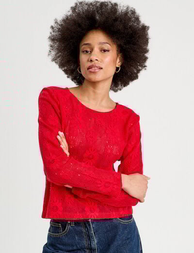 T-shirt ajouré effet crochet rouge femme
