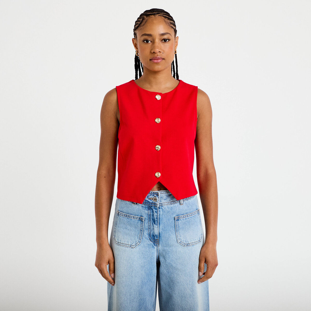 Gilet cintr&eacute; sans manches col v rouge femme