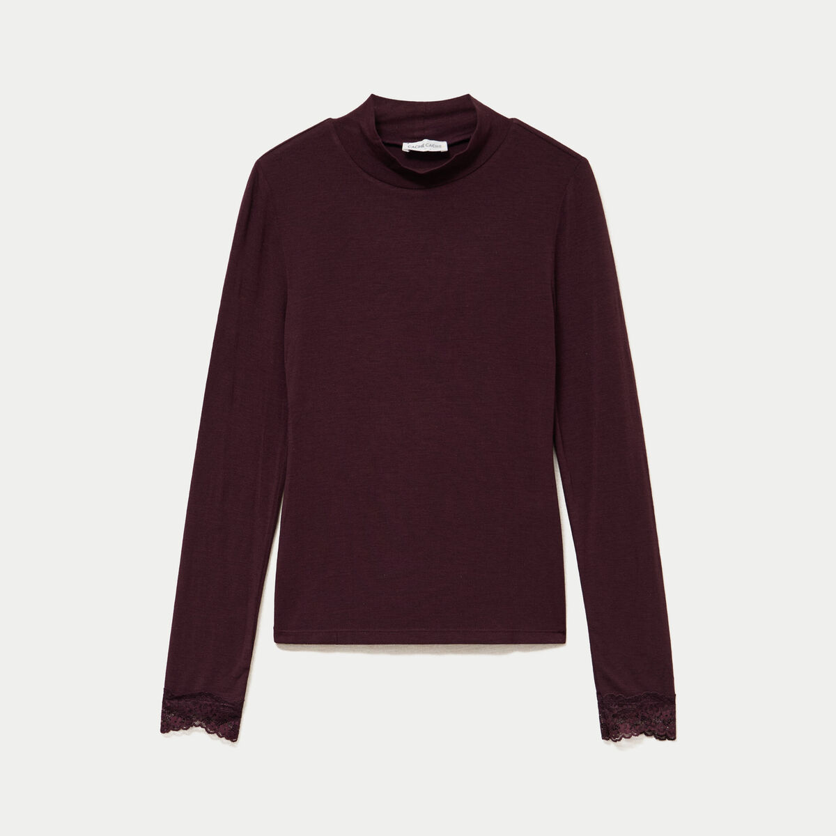 T-shirt ajust&eacute; col roul&eacute; dentelle prune femme