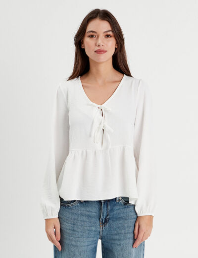 Blouse col en V noeuds ecru femme