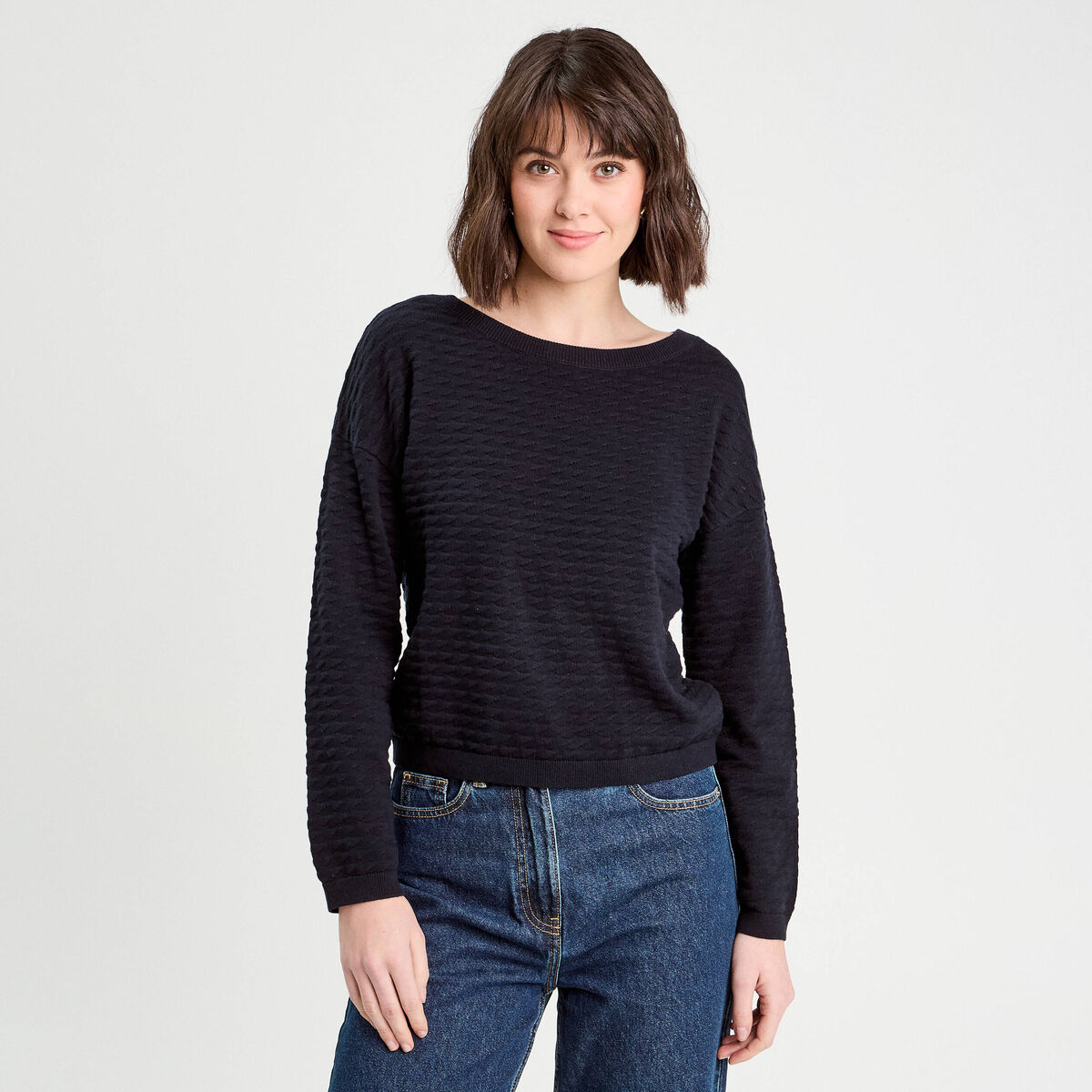 Pull col bateau bleu marine femme