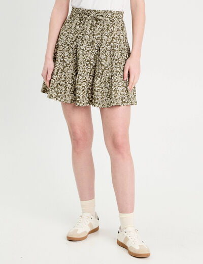 Jupe évasée taille élastiquée vert kaki femme