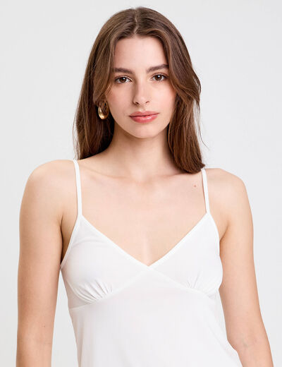 Débardeur asymétrique court col v ecru femme
