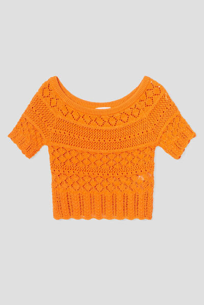 Crop top crochet orange femme