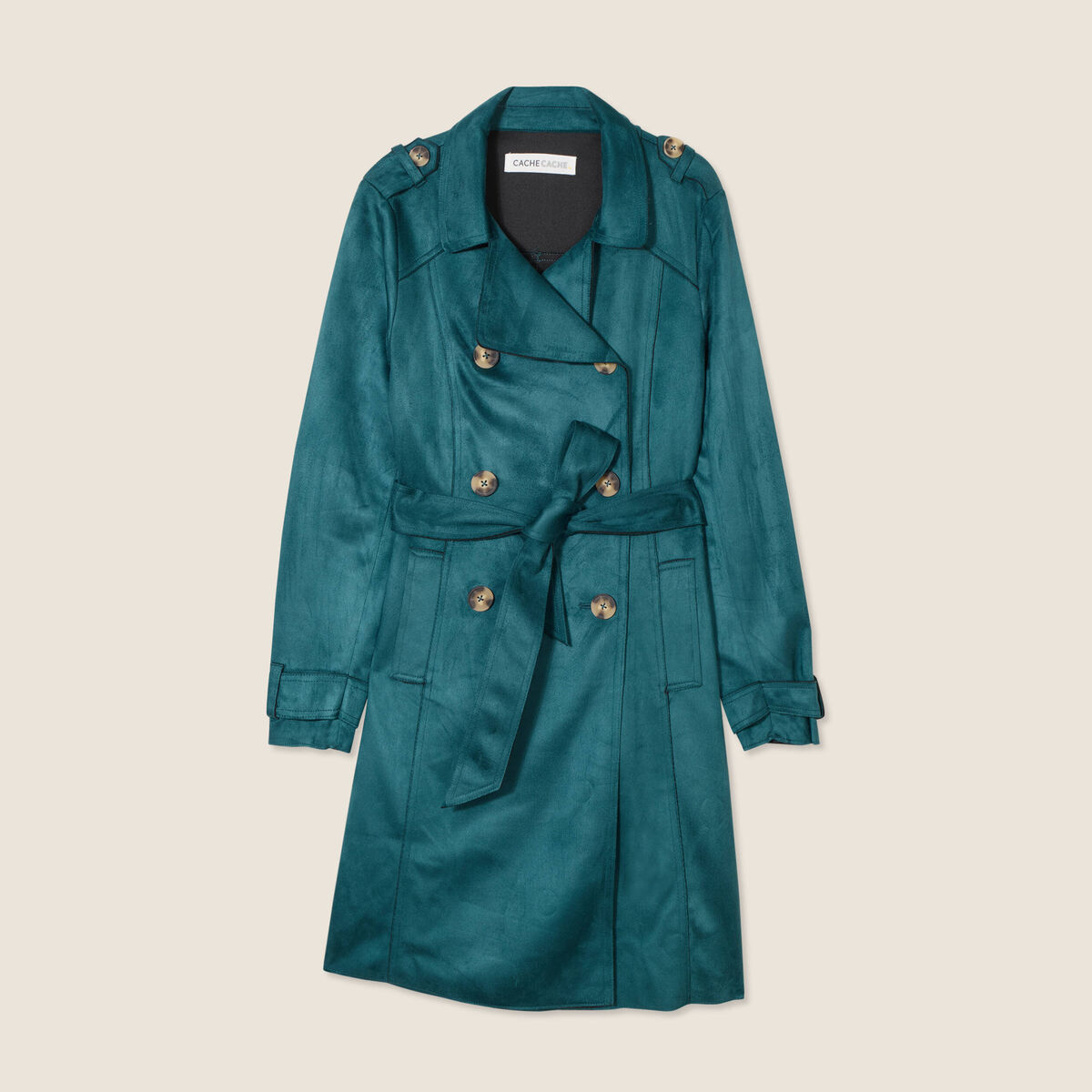 Trench long cintré suédine bleu canard femme