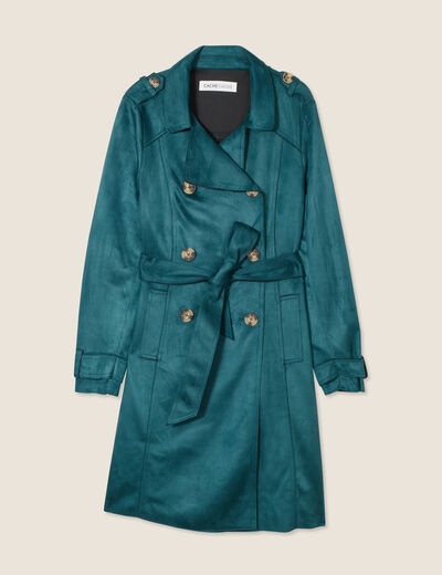 Trench long cintré suédine bleu canard femme