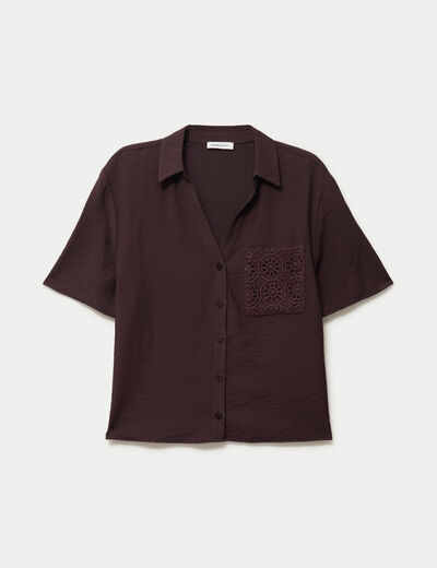 Chemise droite cropped manches courtes marron fonc&eacute; femme
