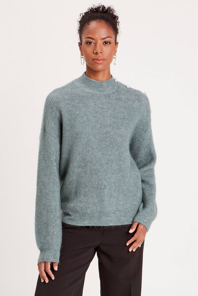 Pull col montant vert foncé femme