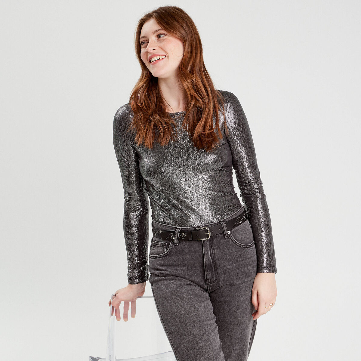 T-shirt métallisé gris argent femme