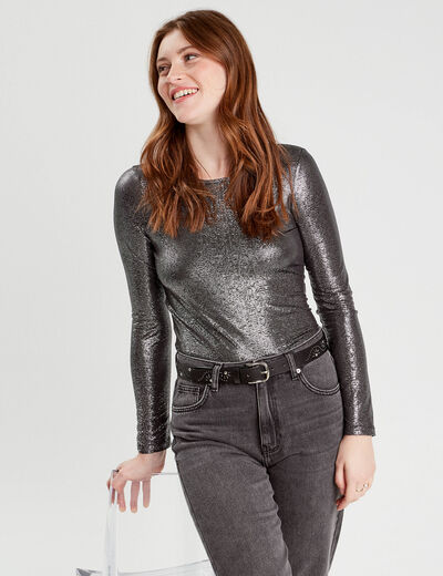T-shirt métallisé gris argent femme