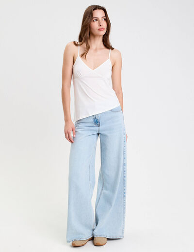 Débardeur asymétrique court col v ecru femme