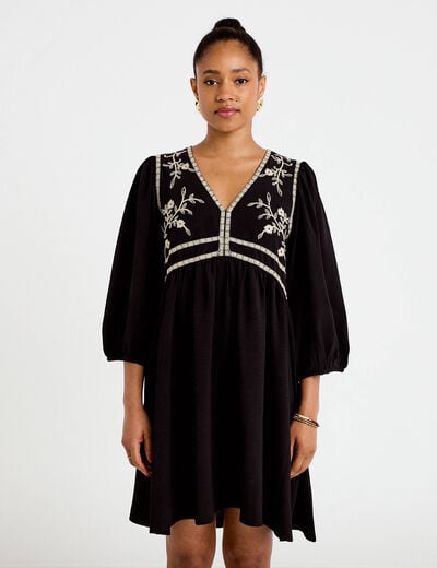 Robe droite courte col v manches 3/4 noir femme
