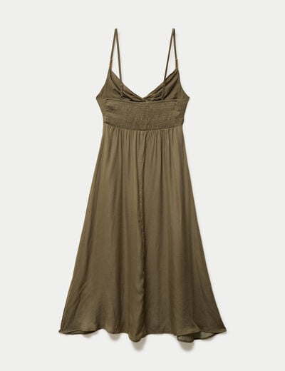 Robe longue &eacute;vas&eacute;e col v satin&eacute;e vert kaki femme