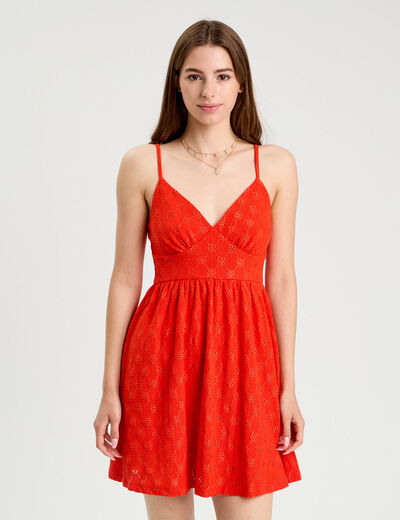 Robe évasée broderie anglaise orange foncé femme