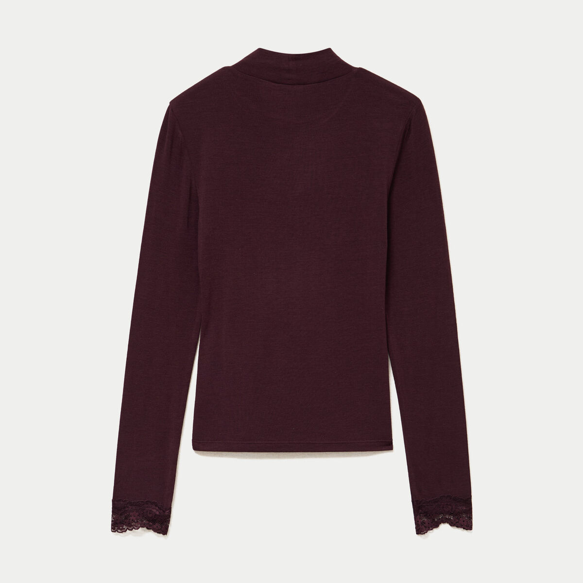 T-shirt ajust&eacute; col roul&eacute; dentelle prune femme