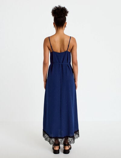 Robe longue &eacute;vas&eacute;e col v dentelle bleu marine femme