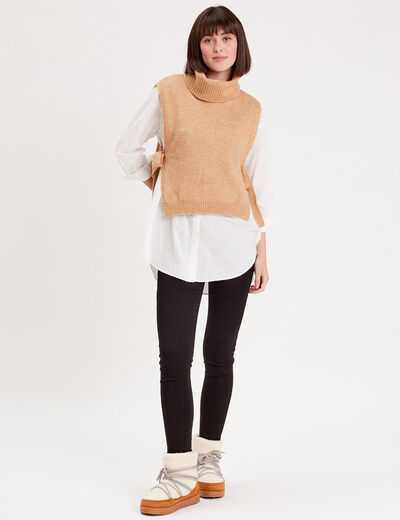 Pull sans manches col roulé beige femme