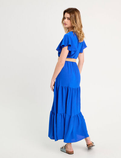 Robe longue évasée ceinturée bleu electrique femme