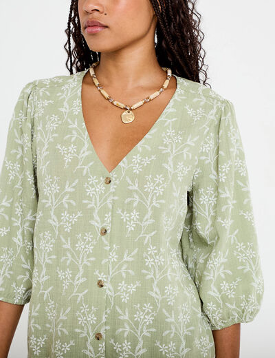 Blouse droite pliss&eacute;e manches 3/4 vert femme