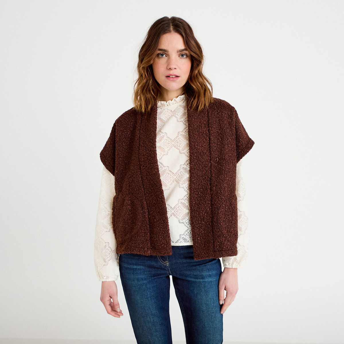Gilet polaire manches courtes marron fonc&eacute; femme