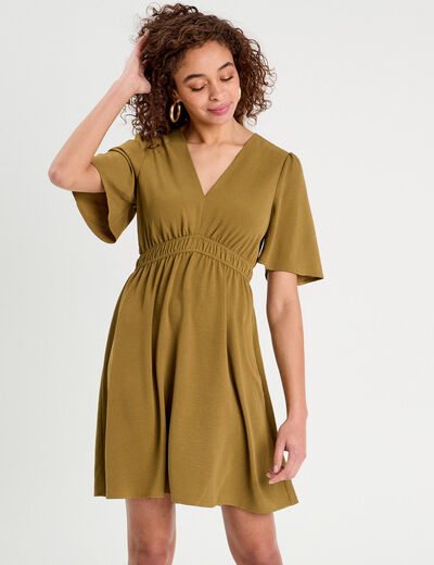Robe évasée taille élastiquée vert kaki femme