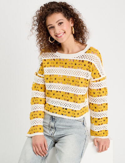 Pull ajouré effet crochet jaune citron femme