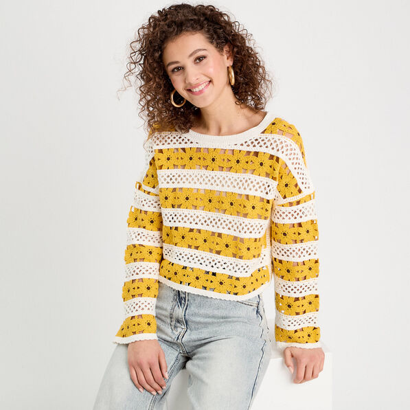pull ajoure effet crochet jaune citron femme Pull ajouré effet crochet jaune citron femme