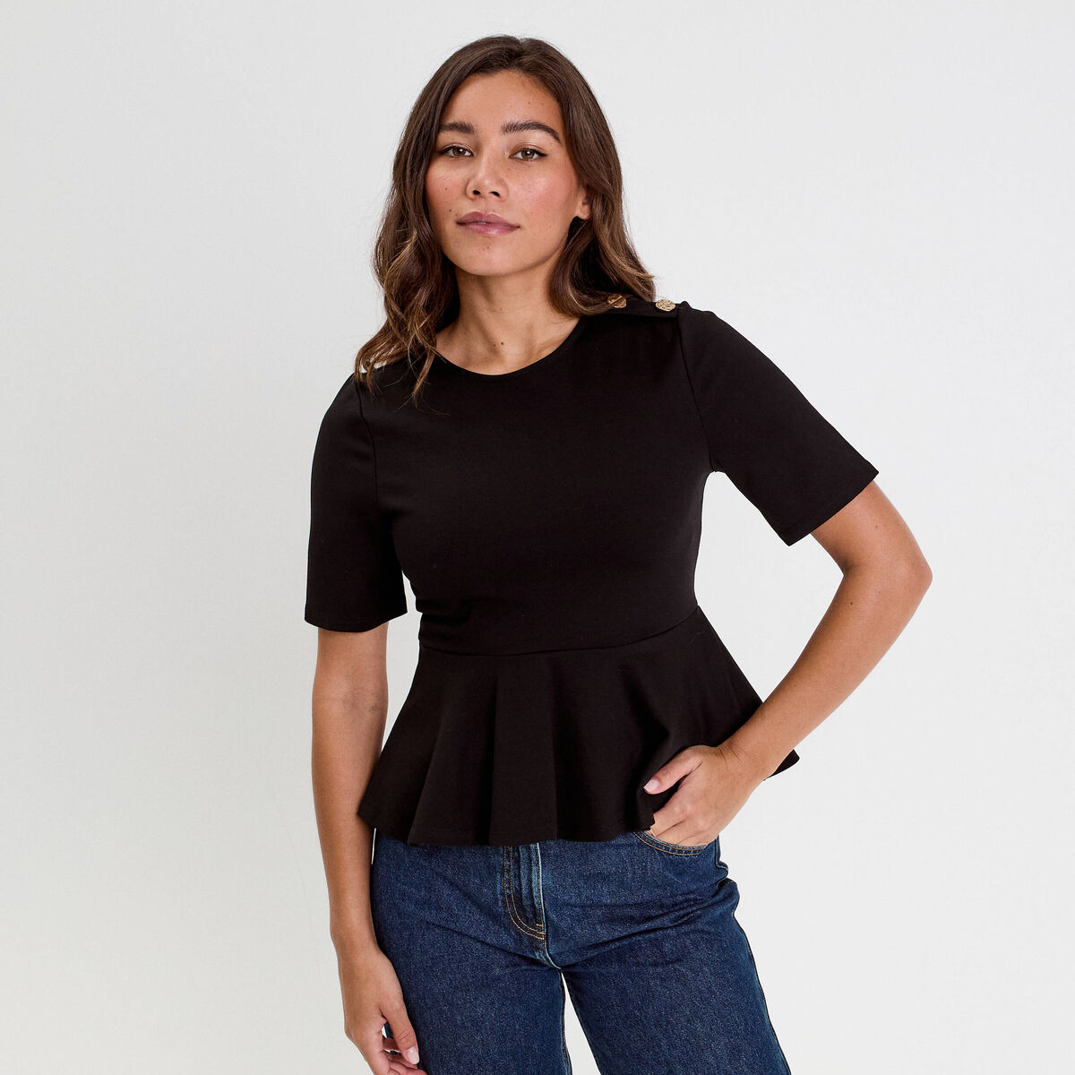 Top cintr&eacute; col rond manches longues noir femme