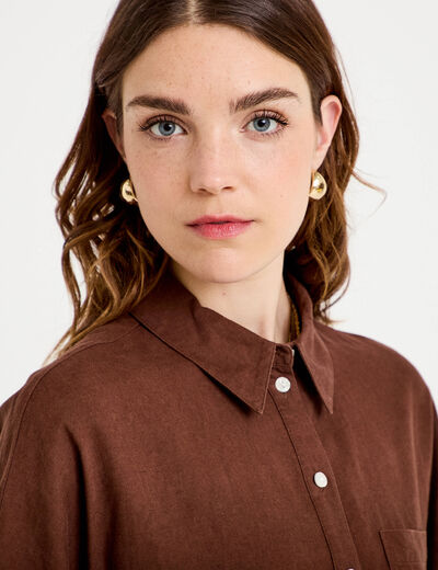 Chemise droite courte col classique marron femme