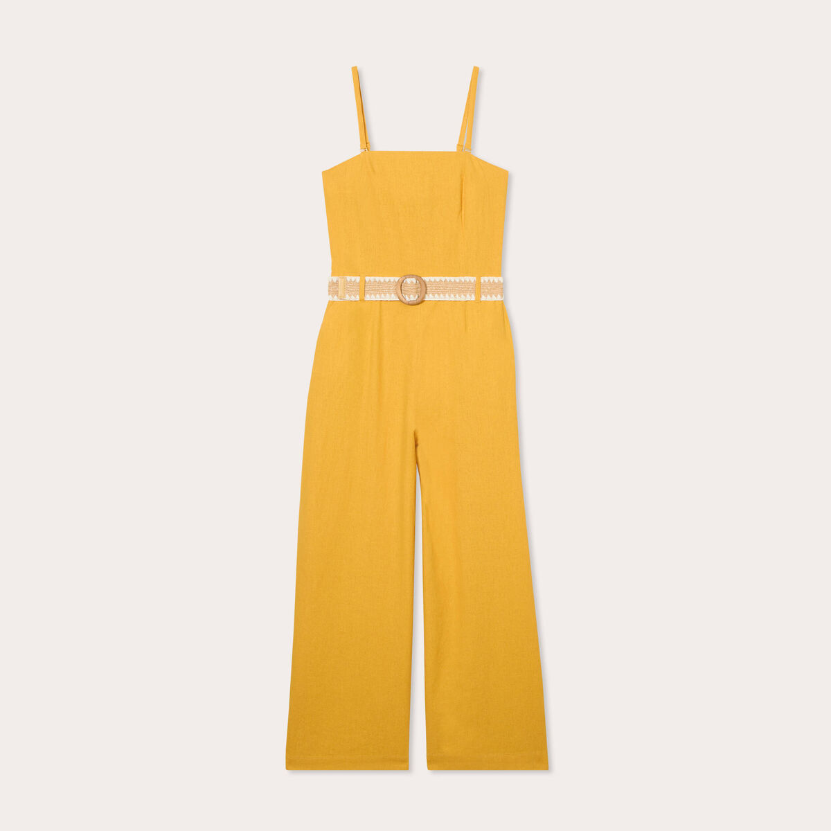 Combinaison pantalon bretelles avec lin jaune citron femme