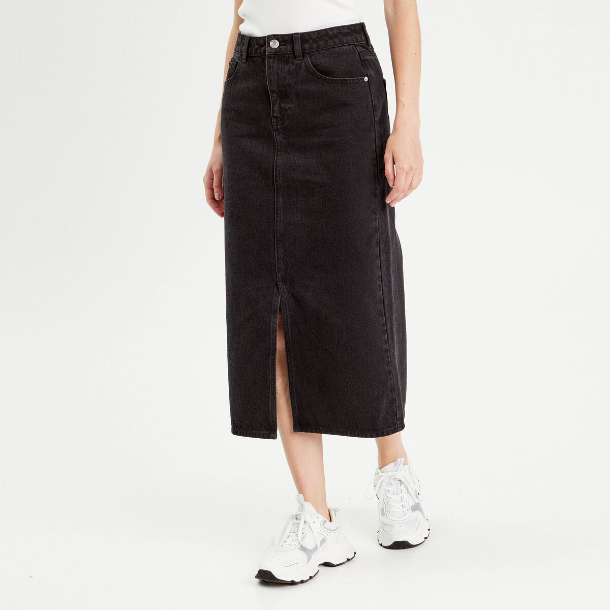 Jupe midi droite en jean noir femme