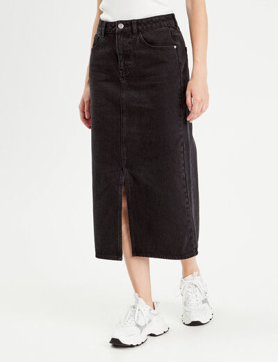 Jupe midi droite en jean noir femme