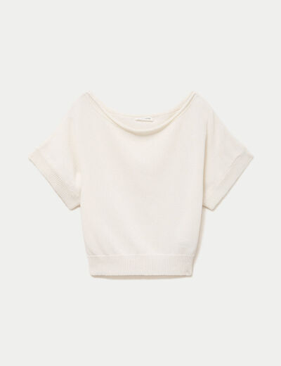 Pull ample cropped manches courtes ecru femme