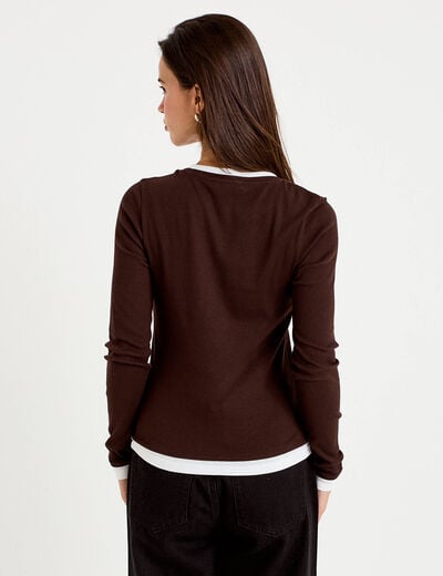 T-shirt 2-en-1 col rond manches longues marron fonc&eacute; femme