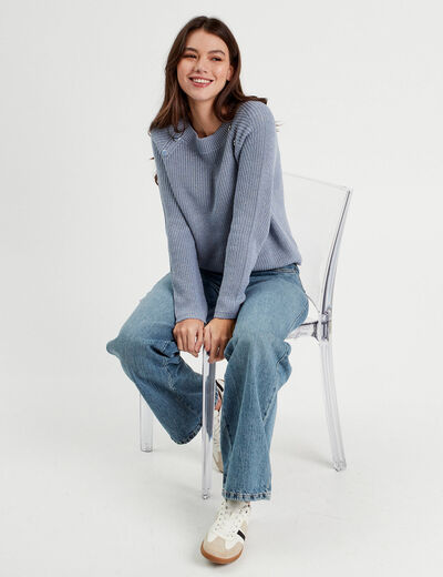 Pull avec boutons épaules bleu gris femme