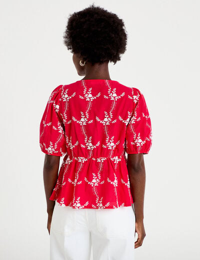 Blouse col v manches courtes brod&eacute;e rouge femme