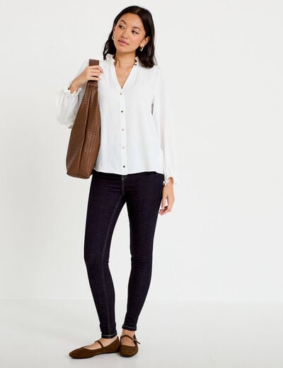 Blouse droite col v manches longues ecru femme