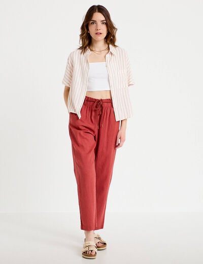 Pantalon droit 7/8&egrave;me taille haute vieux rose femme