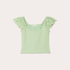 T-shirt smocké avec broderie vert clair femme