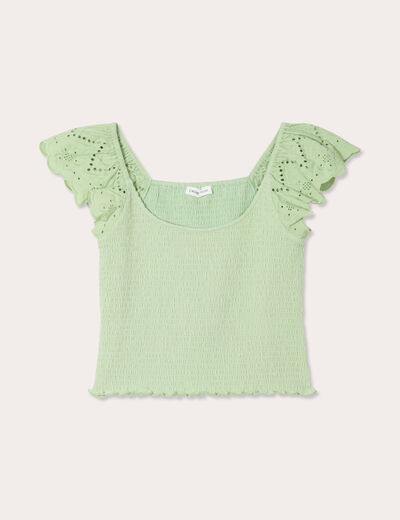 T-shirt smocké avec broderie vert clair femme