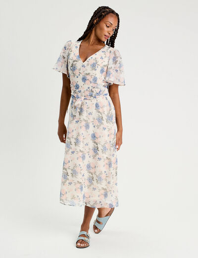 Robe midi évasée col en V blanc femme